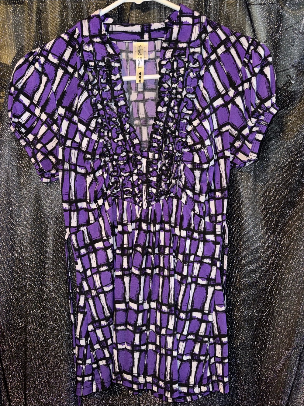 Heart Soul Purple Black & White Ruffle V-Neck Plaid Blouse